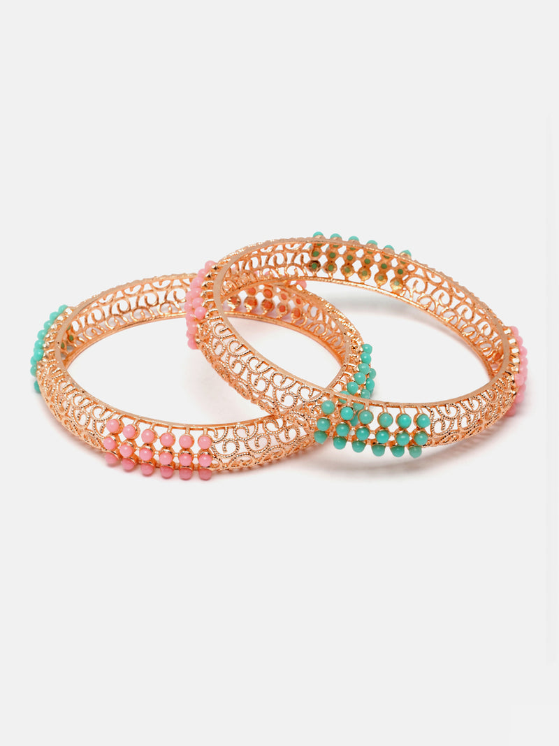 Set Of 2 Rose Gold-Plated Pink and Green Pearls studded Paisley Textured Handcrafted Bangles