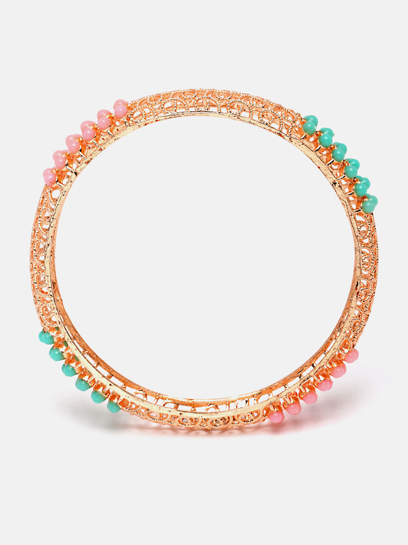 Set Of 2 Rose Gold-Plated Pink and Green Pearls studded Paisley Textured Handcrafted Bangles