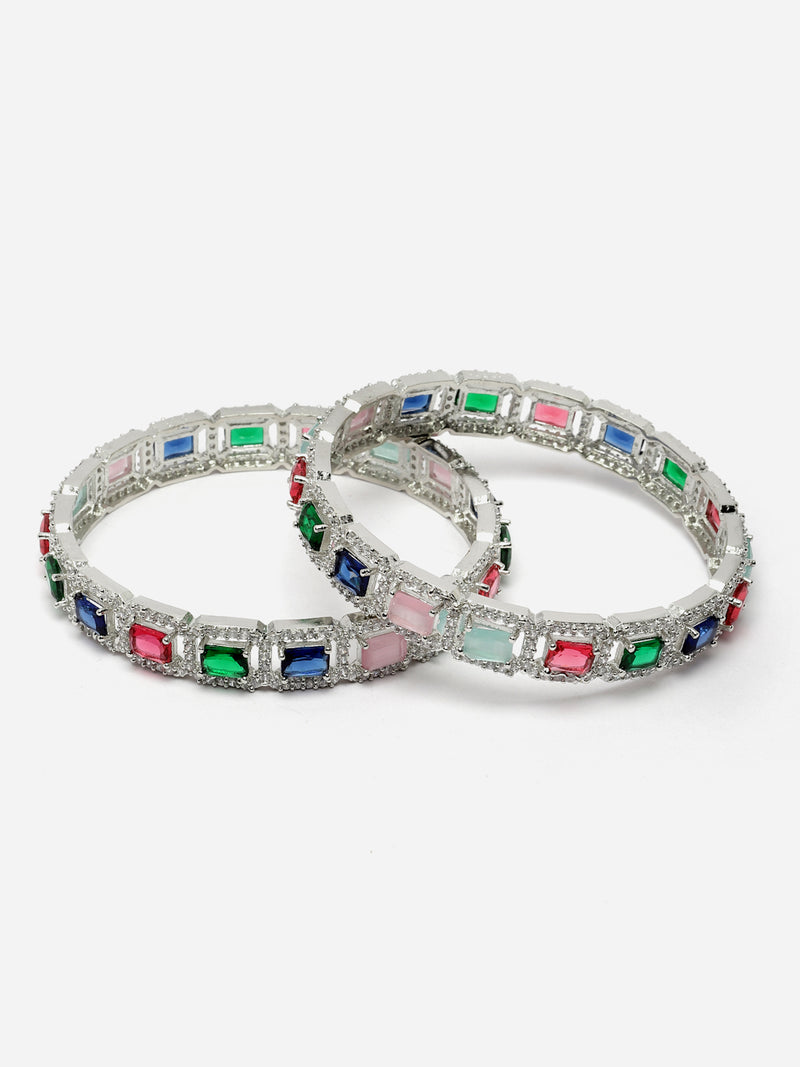 Set Of 2 Rhodium-Plated Silver Toned Multi-Colour Square American Diamond studded Jadau Bangles