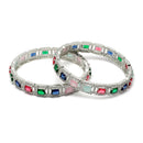 Set Of 2 Rhodium-Plated Silver Toned Multi-Colour Square American Diamond studded Jadau Bangles
