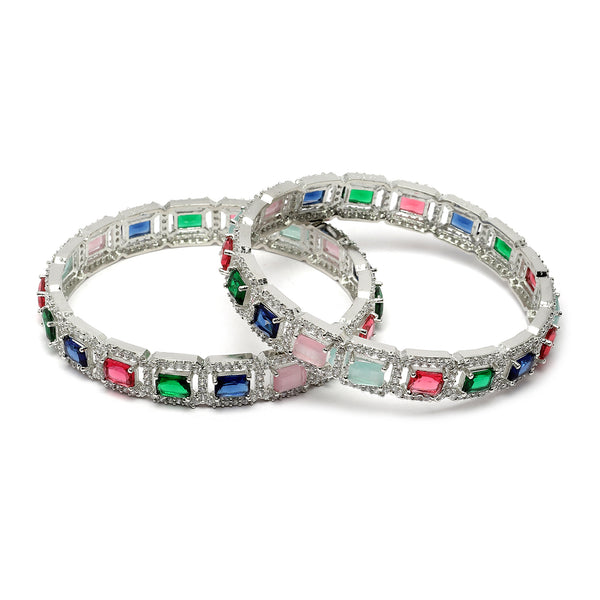 Set Of 2 Rhodium-Plated Silver Toned Multi-Colour Square American Diamond studded Jadau Bangles