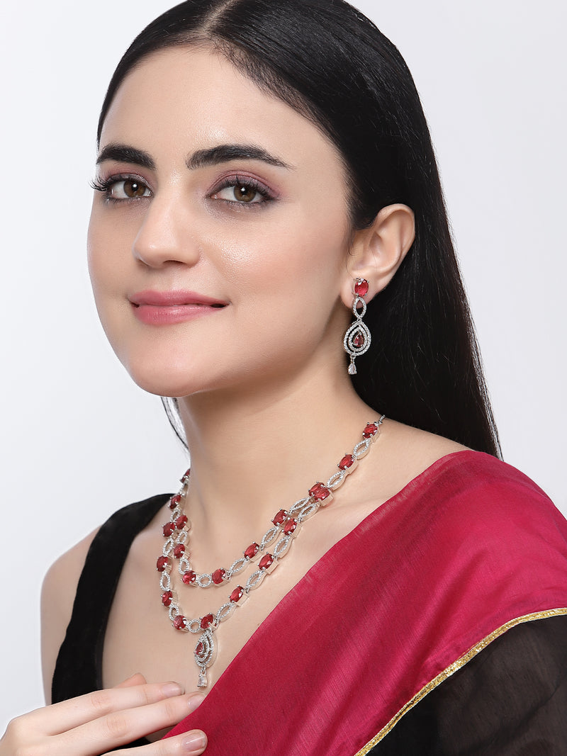 Rhodium-Plated Red American Diamond Studded Abstract Necklace & Earrings Jewellery Set