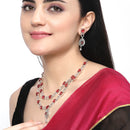 Rhodium-Plated Red American Diamond Studded Abstract Necklace & Earrings Jewellery Set