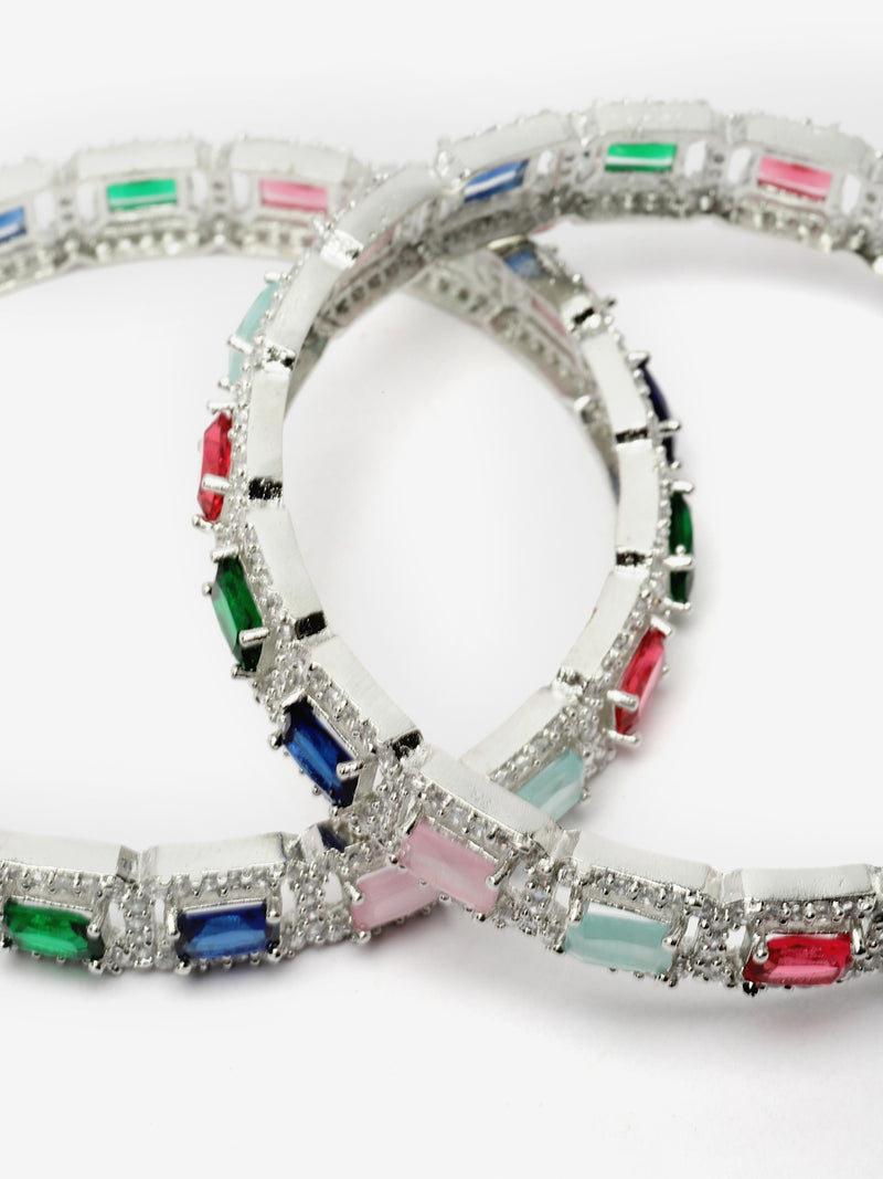 Set Of 2 Rhodium-Plated Silver Toned Multi-Colour Square American Diamond studded Jadau Bangles