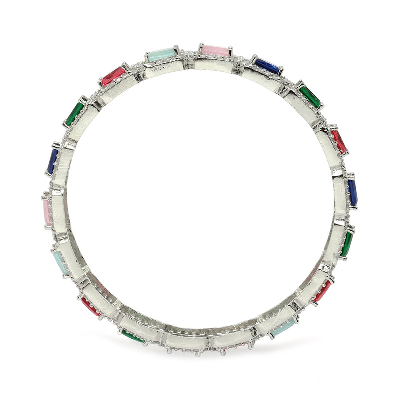 Set Of 2 Rhodium-Plated Silver Toned Multi-Colour Square American Diamond studded Jadau Bangles