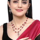 Rhodium-Plated Red American Diamond Studded Abstract Necklace & Earrings Jewellery Set