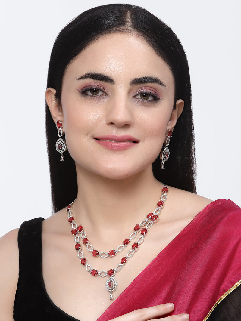 Rhodium-Plated Red American Diamond Studded Abstract Necklace & Earrings Jewellery Set