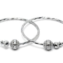Rhodium Plated Silver Toned Textured Bead Bangle Bracelets (Set Of 2)