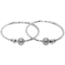 Rhodium Plated Silver Toned Textured Bead Bangle Bracelets (Set Of 2)