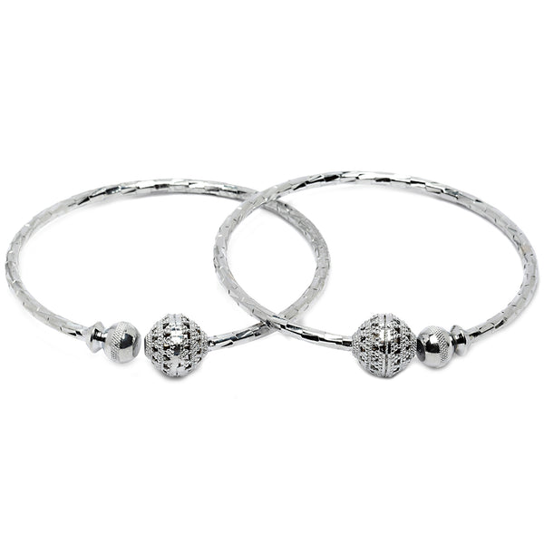 Rhodium Plated Silver Toned Textured Bead Bangle Bracelets (Set Of 2)