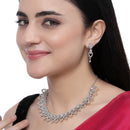 Rhodium-Plated Sea Green & Pink American Diamond Studded Floral & Leaf Shaped Necklace with Earrings Jewellery Set