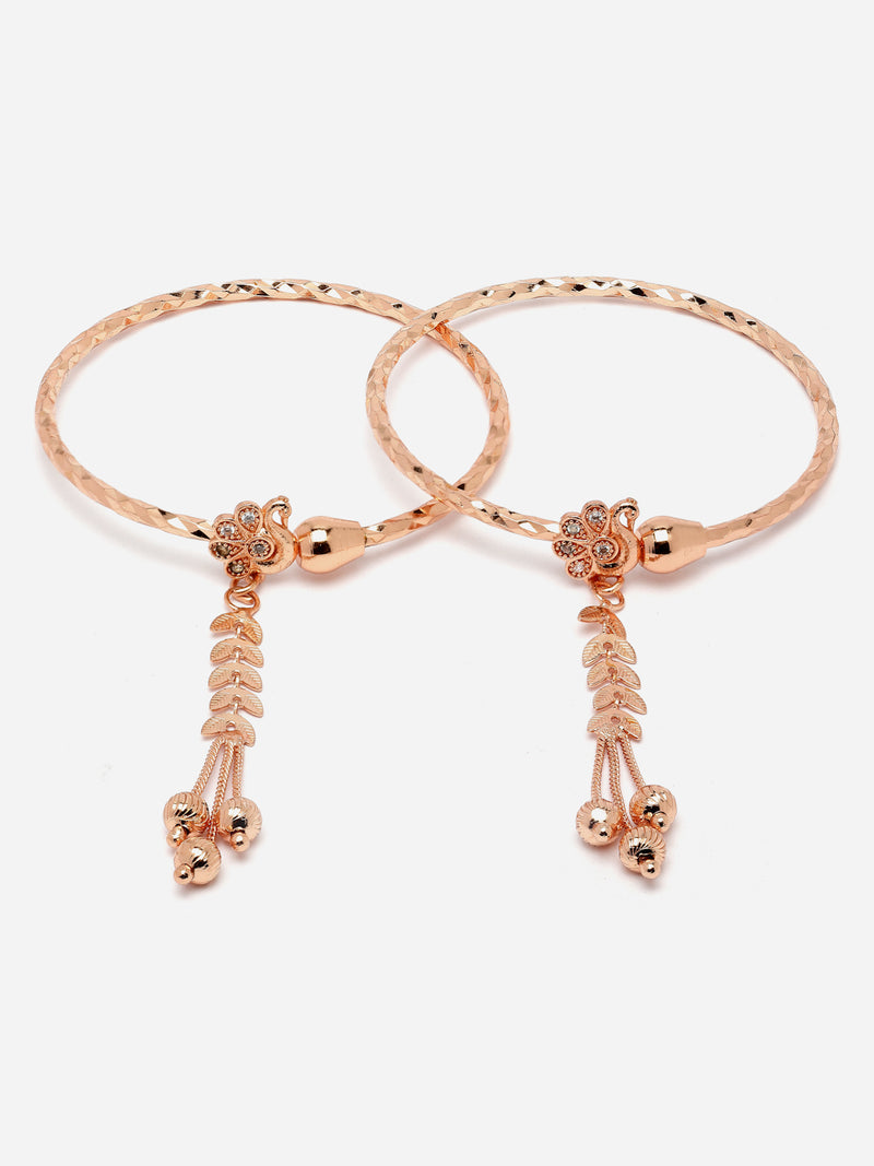 Rose Gold-Plated White American Diamond studded Peacock Design Handcrafted Kada Bracelets (Set Of 2)