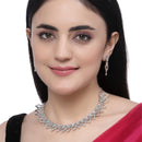 Rhodium-Plated Sea Green & Pink American Diamond Studded Floral & Leaf Shaped Necklace with Earrings Jewellery Set