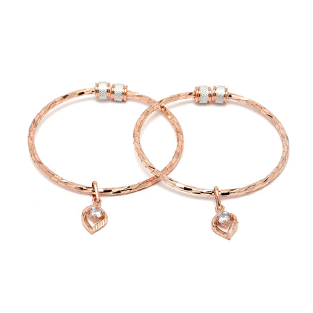 Rose Gold-Plated Dangling Leaf Charm White Cubic Zirconia Stone studded Bangle Bracelets (Set Of 2)