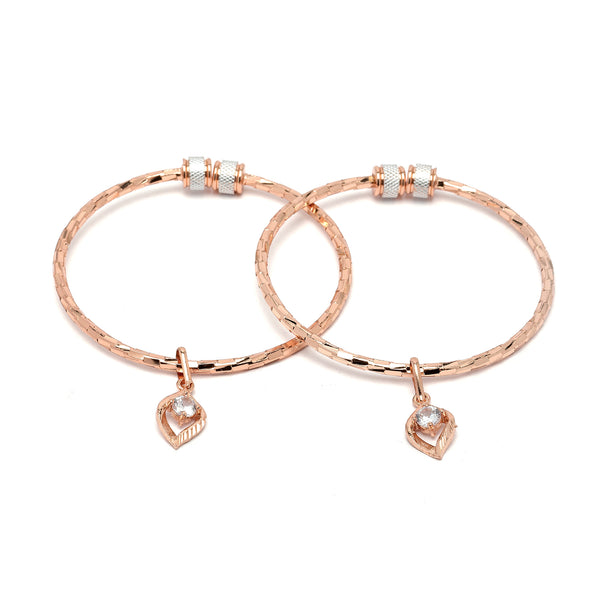 Rose Gold-Plated Dangling Leaf Charm White Cubic Zirconia Stone studded Bangle Bracelets (Set Of 2)