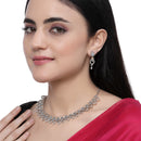 Rhodium-Plated Orange American Diamond Studded Floral & Leaf Shaped Necklace with Earrings Jewellery Set