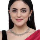 Rhodium-Plated Orange American Diamond Studded Floral & Leaf Shaped Necklace with Earrings Jewellery Set