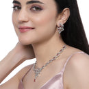 Rhodium-Plated Red American Diamond Studded Floral & Paisley Shaped Necklace with Earrings Jewellery Set