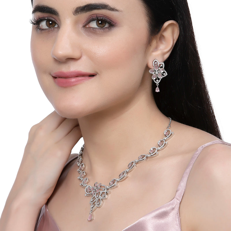 Rhodium-Plated Pink American Diamond Studded Floral & Paisley Shaped Necklace with Earrings Jewellery Set