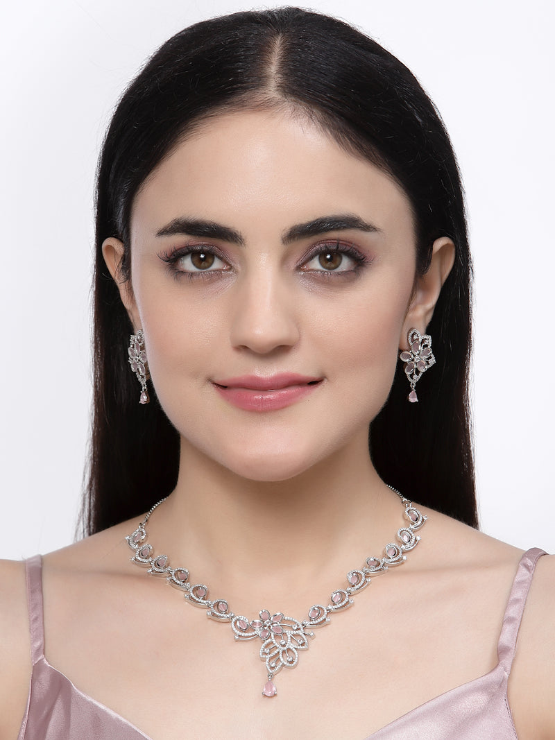 Rhodium-Plated Pink American Diamond Studded Floral & Paisley Shaped Necklace with Earrings Jewellery Set