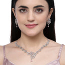 Rhodium-Plated Pink American Diamond Studded Floral & Paisley Shaped Necklace with Earrings Jewellery Set