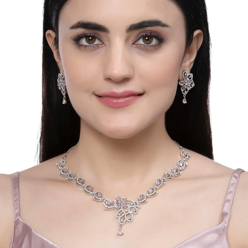 Rhodium-Plated Pink American Diamond Studded Floral & Paisley Shaped Necklace with Earrings Jewellery Set