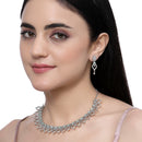 Rhodium-Plated Sea Green American Diamond Studded Floral & Leaf Shaped Necklace with Earrings Jewellery Set