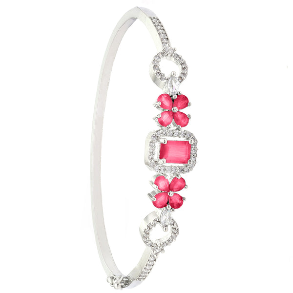 Rhodium-Plated Silver Toned Square Shaped Red American Diamond Studded Bracelet