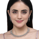 Rhodium-Plated Sea Green American Diamond Studded Floral & Leaf Shaped Necklace with Earrings Jewellery Set