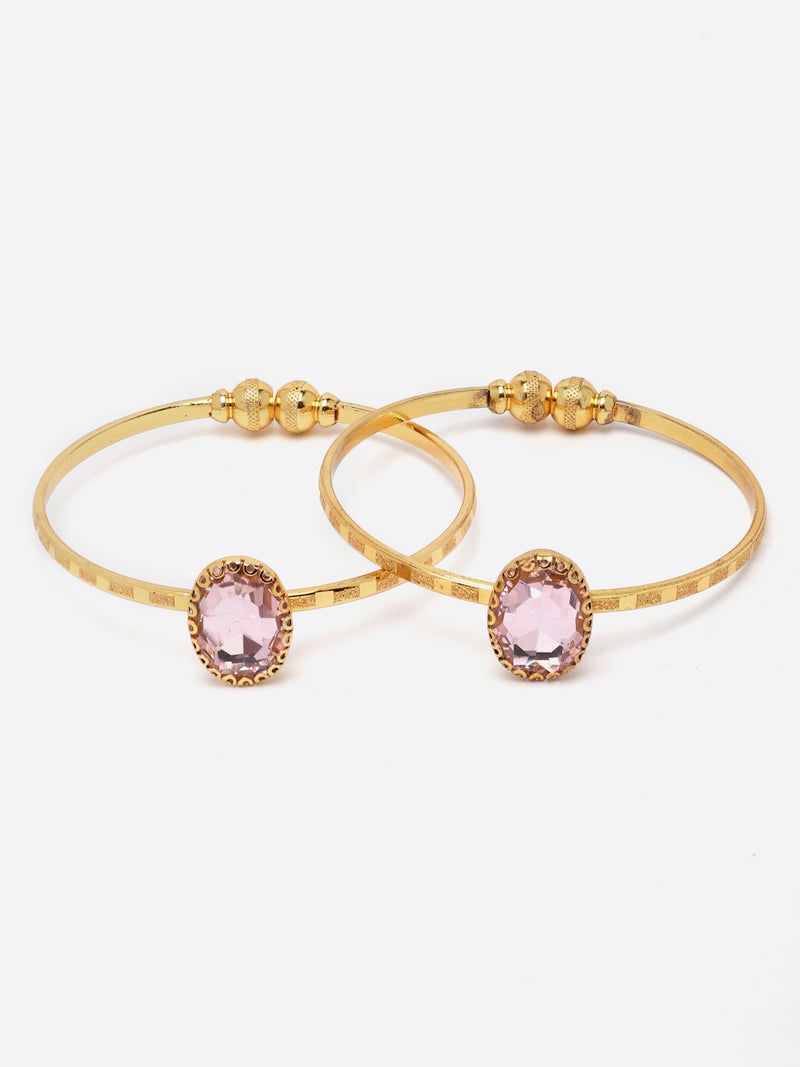 Gold-Plated Heart Shaped Pink American Diamond studded Handcrafted Cuff Bracelets (Set Of 2)