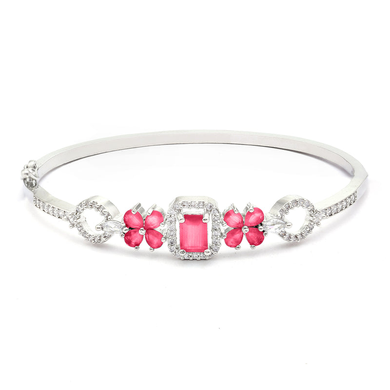 Rhodium-Plated Silver Toned Square Shaped Red American Diamond Studded Bracelet