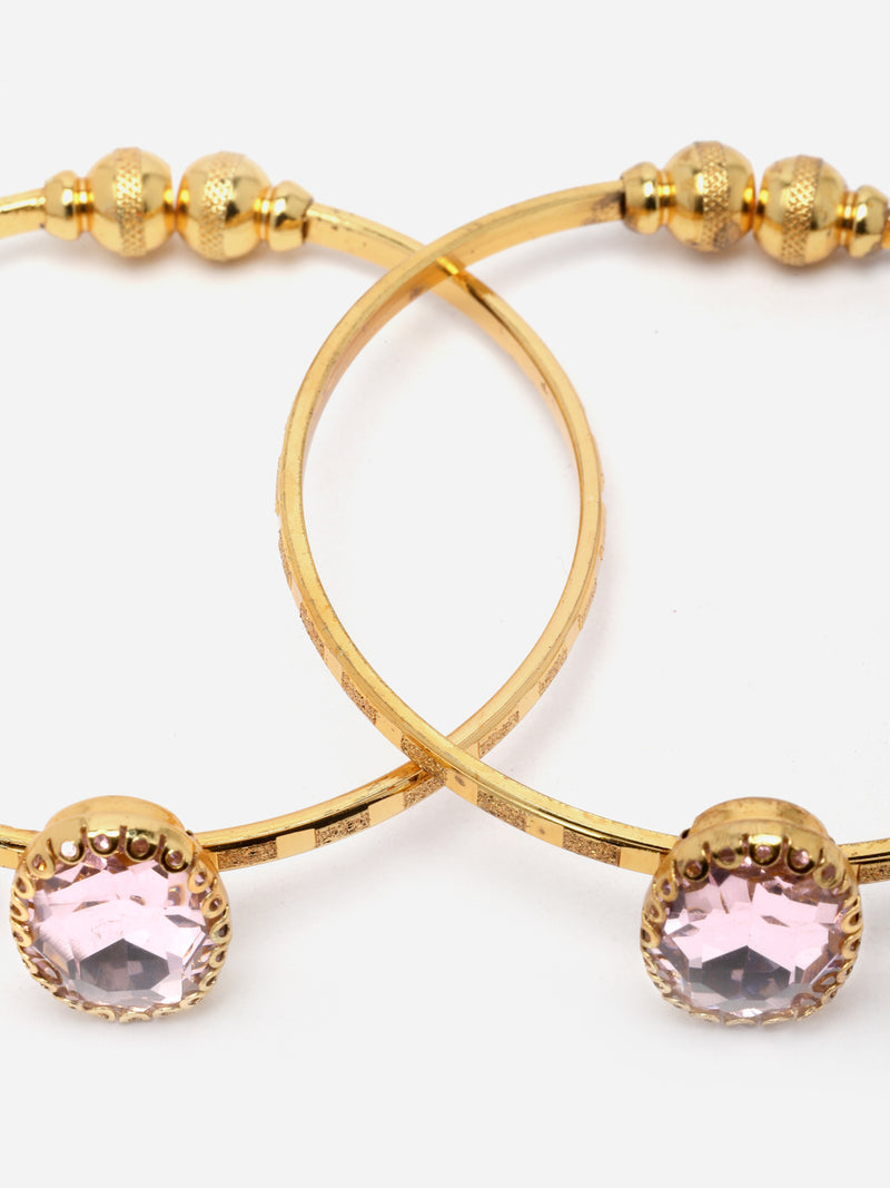 Gold-Plated Heart Shaped Pink American Diamond studded Handcrafted Cuff Bracelets (Set Of 2)