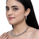 Rhodium-Plated Pink American Diamond Studded Floral & Leaf Shaped Necklace with Earrings Jewellery Set