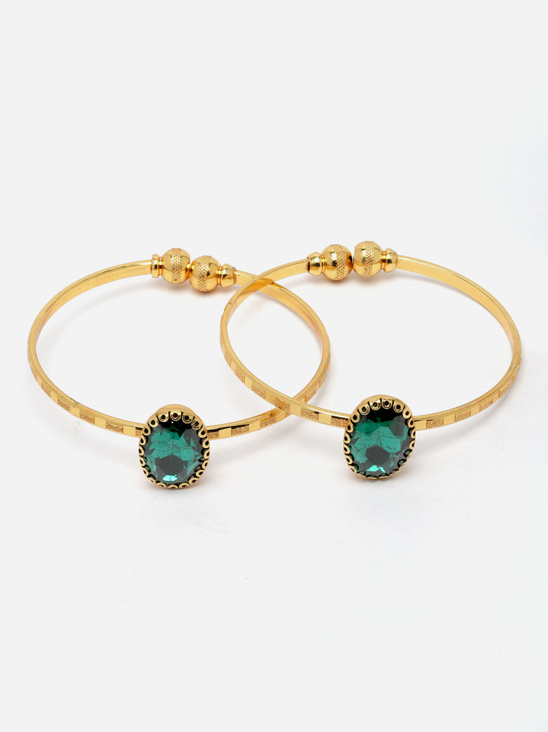 Gold-Plated Round Shaped Green American Diamond studded Handcrafted Cuff Bracelets (Set Of 2)