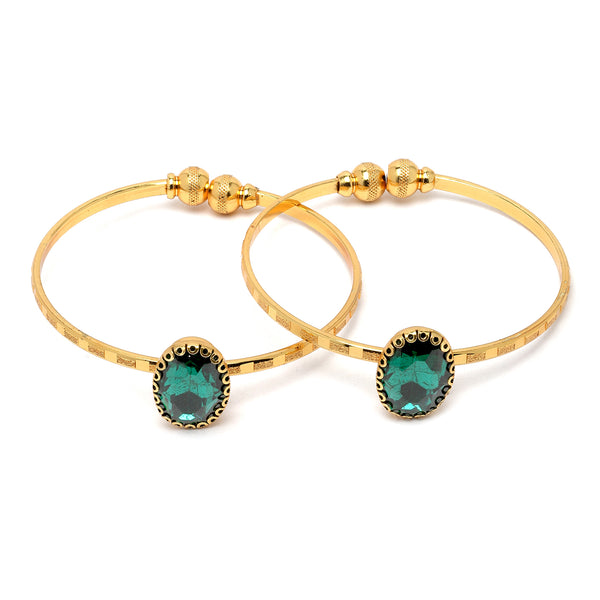 Gold-Plated Round Shaped Emerald Green Cubic Zirconia Stone Studded Bangle Bracelets (Set Of 2)
