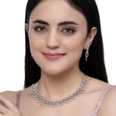 Rhodium-Plated Pink American Diamond Studded Floral & Leaf Shaped Necklace with Earrings Jewellery Set