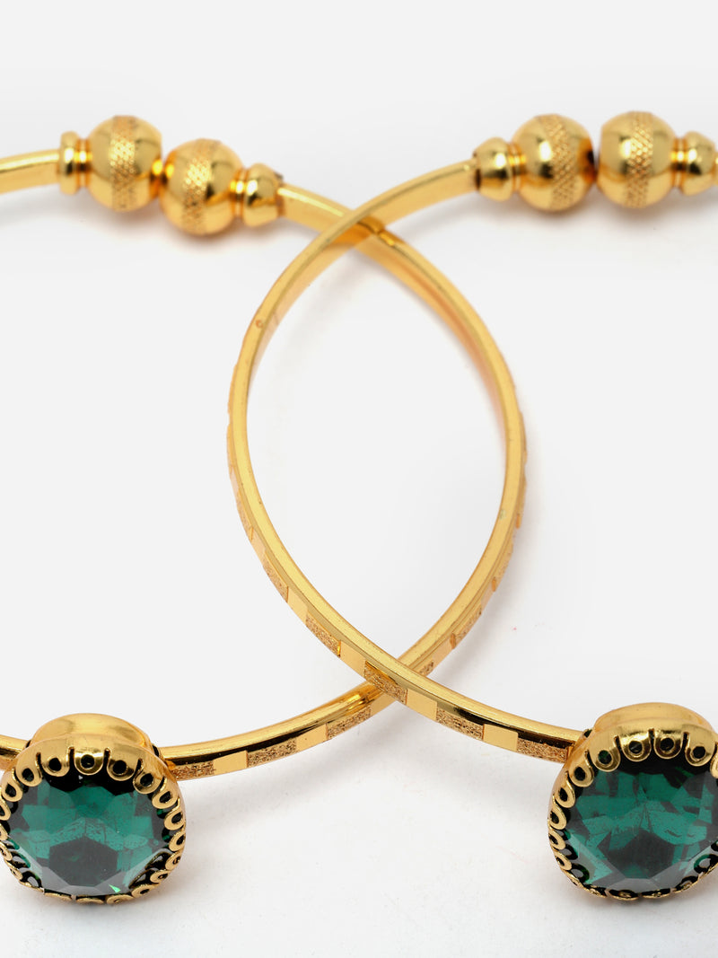 Gold-Plated Round Shaped Green American Diamond studded Handcrafted Cuff Bracelets (Set Of 2)