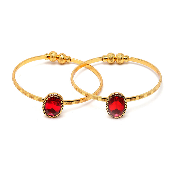 Gold-Plated Round Shaped Ruby Red Cubic Zirconia Stone Studded Bangle Bracelets (Set Of 2)