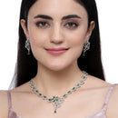 Rhodium-Plated Green American Diamond Studded Floral & Paisley Shaped Necklace with Earrings Jewellery Set