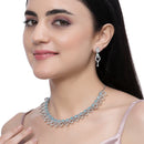 Rhodium-Plated Sky Blue American Diamond Studded Floral & Leaf Shaped Necklace with Earrings Jewellery Set