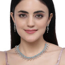 Rhodium-Plated Sky Blue American Diamond Studded Floral & Leaf Shaped Necklace with Earrings Jewellery Set