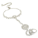 Rhodium Plated Silver Toned Flower White American Diamond Studded Hand Chain Link Ring Bracelet