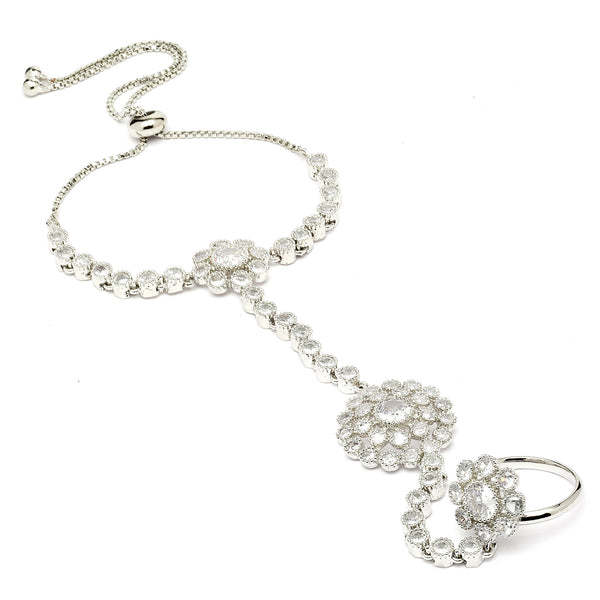 Rhodium Plated Silver Toned Flower White American Diamond Studded Hand Chain Link Ring Bracelet