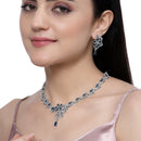 Rhodium-Plated Navy Blue American Diamond Studded Floral & Paisley Shaped Necklace with Earrings Jewellery Set