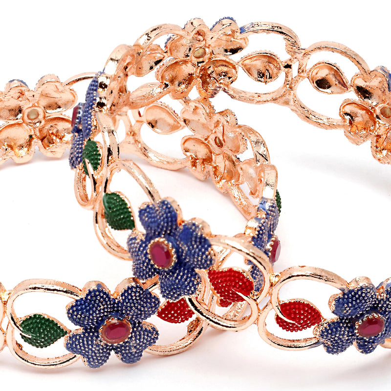 Set Of 2 Rose Gold-Plated American Diamond studded Multi-Colour Floral & Leaf Shaped Handcrafted Bangles