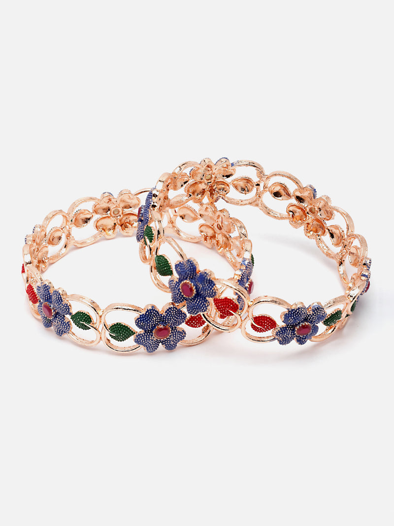 Set Of 2 Rose Gold-Plated American Diamond studded Multi-Colour Floral & Leaf Shaped Handcrafted Bangles