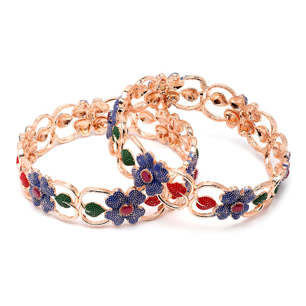 Set Of 2 Rose Gold-Plated American Diamond studded Multi-Colour Floral & Leaf Shaped Handcrafted Bangles