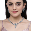 Rhodium-Plated Navy Blue American Diamond Studded Floral & Paisley Shaped Necklace with Earrings Jewellery Set