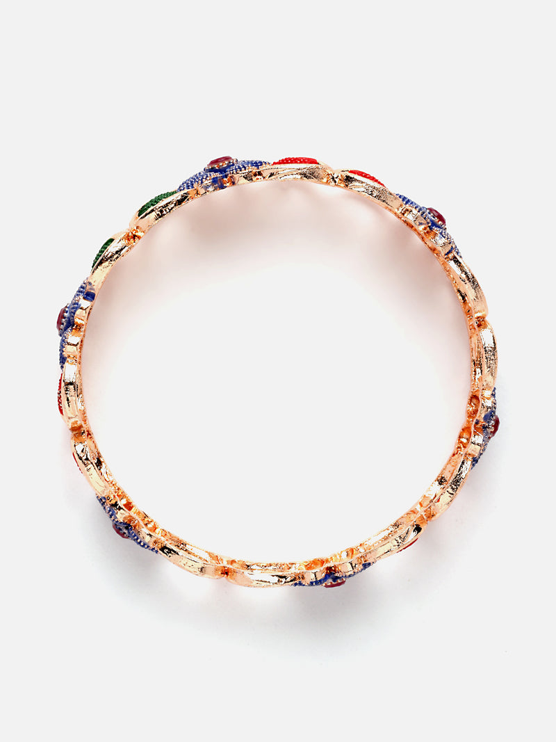 Set Of 2 Rose Gold-Plated American Diamond studded Multi-Colour Floral & Leaf Shaped Handcrafted Bangles