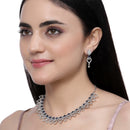 Rhodium-Plated Navy Blue American Diamond Studded Floral & Leaf Shaped Necklace with Earrings Jewellery Set